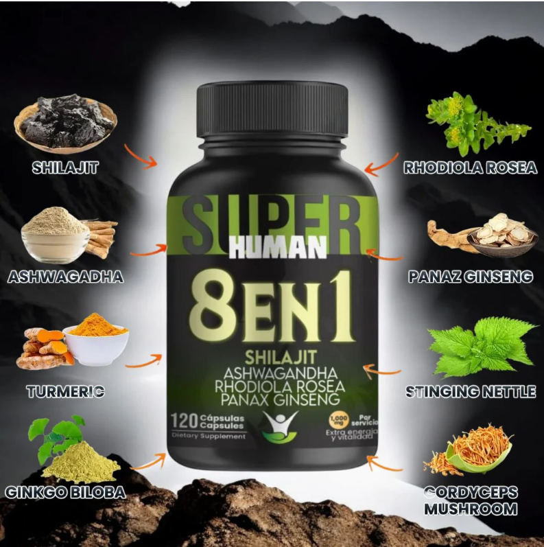 8 en 1 Cápsulas - Shilajit Ashwagandha Rhodiola Rosea Panax y Ginseng (120 Cápsulas) SuperHuman